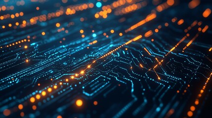 abstract glowing circuit board with blue and orange lines, dots and bokeh lights, concept for techno