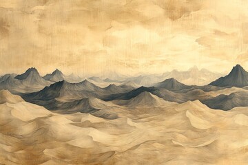 Canvas Print - Expansive desert landscape with rolling mountains and soft clouds during a golden hour