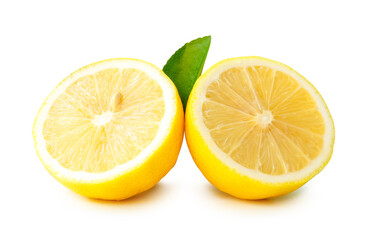 Yellow lemon fruits cut into two halves or pieces with green leaf in stack isolated on white background with clipping path