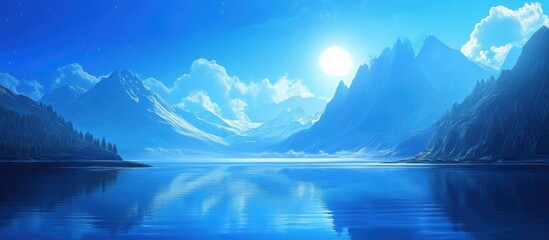 Wall Mural - Serene mountain landscape featuring deep blue hues with sun reflections on tranquil water and soft clouds, conveying adventure and exploration spirit