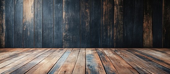 Wall Mural - Rustic wooden interior with dark brown and blue-toned planks, featuring an empty floor area and vertical wooden wall panels, ideal for backgrounds.