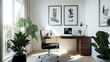 © BerkahStock - Bright home office with desk, chair, plants, and artwork.