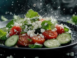 Wall Mural - Gourmet Greek food, featuring a fresh and healthy cucumber tomato feta cheese salad with red bell pepper. Parsley garnish on top.