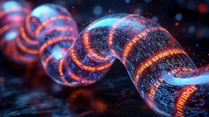 Glowing digital code helix, dark background, futuristic tech concept