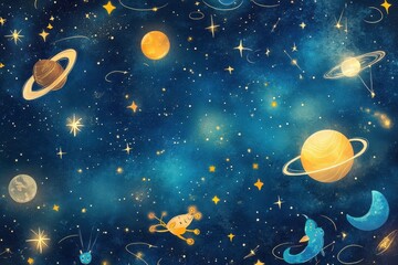 Wall Mural - Colorful whimsical illustration features planets stars and celestial beings