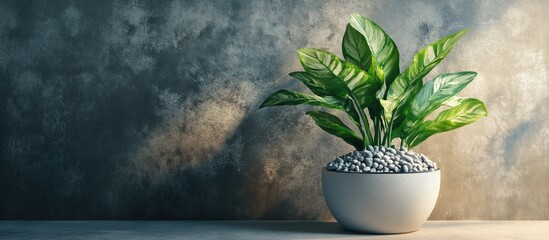 Wall Mural - A thriving indoor potted plant with vibrant green leaves in a round white pot filled with gray pebbles against a textured gray wall backdrop.