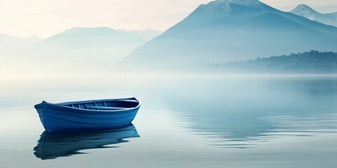 Wall Mural - blue rowboat on calm waters with mountains in the background, representing serenity and peacefulness. Web banner with copy space on the left side. 