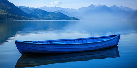 Wall Mural - blue rowboat on calm waters with mountains in the background, representing serenity and peacefulness. Web banner with copy space on the left side. 