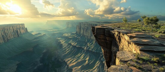 Wall Mural - Majestic knife edge ridge in vibrant green with sunlit cliffs and dramatic clouds, overlooking a vast canyon at golden hour, creating a serene landscape.