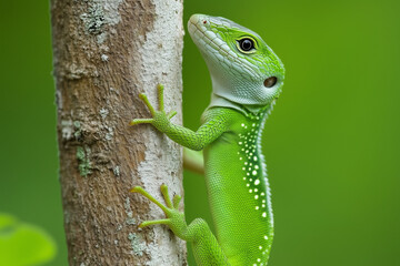 a lizard climbing a tree on green background.