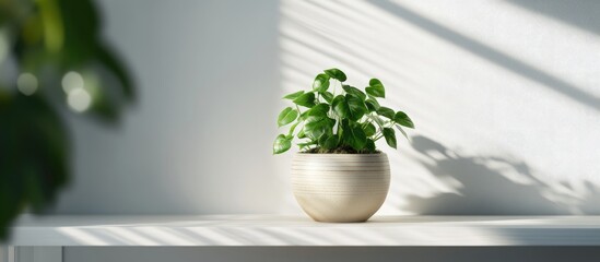 Wall Mural - Ceramic pot with green houseplant on white wooden shelf bathed in soft light creating a serene and healthy workspace ambiance