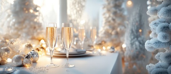 Elegant white table set with champagne glasses amidst sparkling festive decorations and shimmering holiday trees creating a joyful atmosphere.