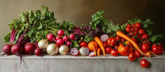 Sticker - Colorful arrangement of vibrant carrots, radishes, and tomatoes on a light fabric surface against a soft neutral background.