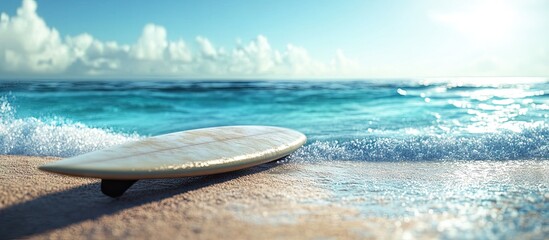 Surfboard on wet sandy beach with calm turquoise ocean and clear blue water in the background reflecting soft sunlight and fluffy clouds above