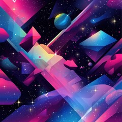 Poster - Abstract geometrical shapes float in a colorful starlit galaxy