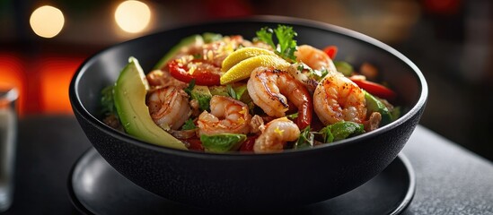 Wall Mural - Delicious shrimp dish in a black bowl garnished with lime, red chili, and fresh herbs, set against a blurred colorful background.