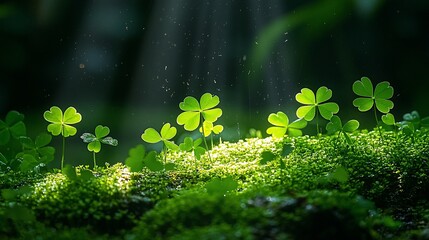 Canvas Print - Sunlit clover sprouts in mossy forest; nature background