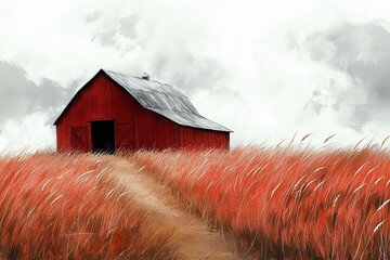 Canvas Print - Red barn surrounded by tall orange grass under a cloudy sky at dusk