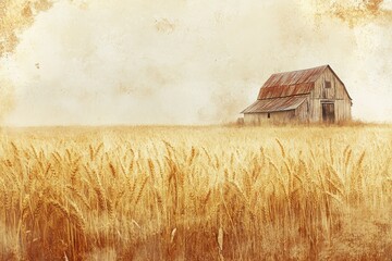 Canvas Print - Rustic barn surrounded by golden wheat fields in rural landscape during early morning light