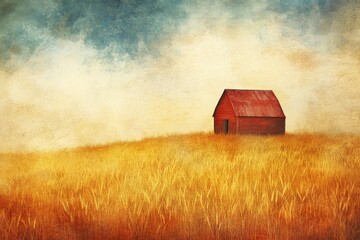 Wall Mural - Rustic red barn stands alone on a golden field under a dramatic sky during sunset