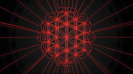 Wall Mural - red flower of life pattern radiates on a dark background