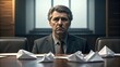 © NaparatAI - Serious businessman sits at a conference table surrounded by crumpled papers, conveying a sense of failure or contemplation.