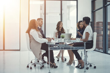 Aufkleber - Discussion, collaboration and business people in office with laptop for company profit growth with investment. Meeting, computer and financial advisors with investor for revenue planning together.