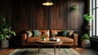 © Mas - Cozy living room with brown leather sofa and plants