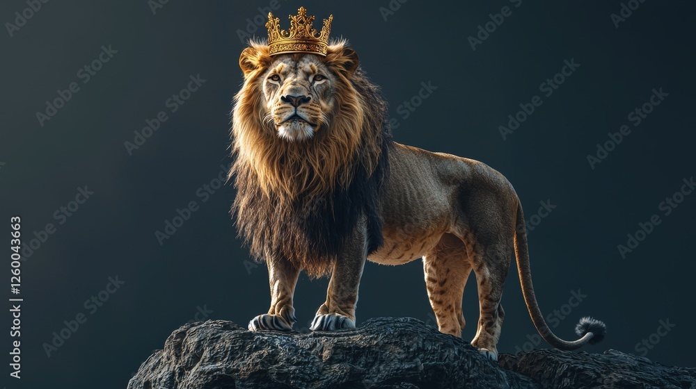 Majestic lion with a golden mane wearing a regal crown, standing on a ...