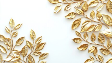 Wall Mural - Golden Leaves on White Background: Elegant Botanical Design