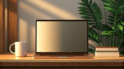 a laptop computer with a blank screen is positioned on a desk with a coffee mug and a stack of books, bathed in warm sunlight. It's the perfect image for showcasing digital content, online projects.