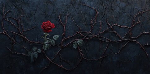 Wall Mural - A single red rose emerges amidst thorny branches on dark background