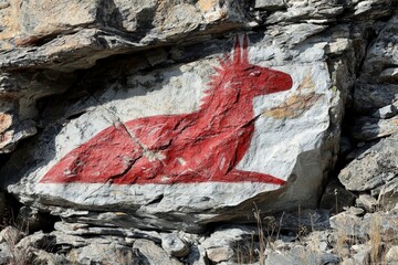 Wall Mural - Ancient red rock carving of a mythical creature found in remote wilderness area during afternoon light