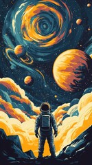 Wall Mural - An astronaut faces planets nebula and galaxies in space