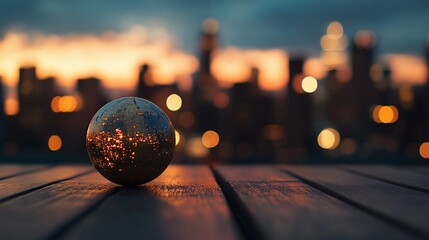 Metallic globe on wooden surface with blurred city skyline at sunset.