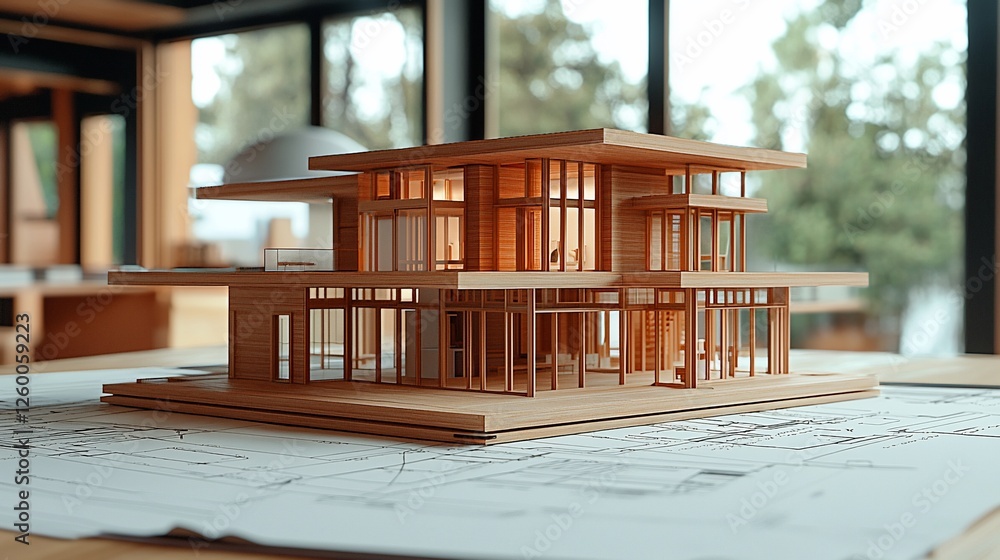 Architectural model of a modern, wooden house on blueprints. Stock ...