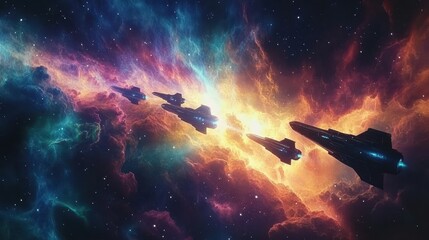 Wall Mural - Spaceships are flying through a colorful and vast nebula