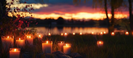 Wall Mural - tranquil candlelight vigil at dusk with glowing candles along a serene lakeside, vibrant sunset hues
