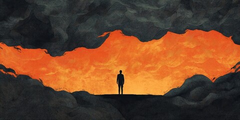 Wall Mural - Lone figure faces fiery sky in abstract landscape