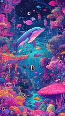 Sticker - Colorful dolphin swims through a vibrant psychedelic coral reef