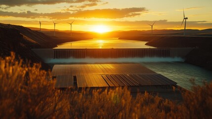 Sunset over dam, wind turbines, solar panels (1)