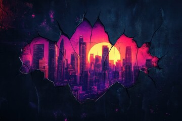 Neon cityscape revealed through a cracked dark textured surface