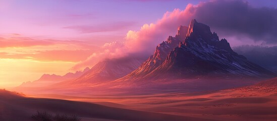 Wall Mural - majestic sunset over a rugged mountain range with vibrant pink and purple hues illuminating the sky 