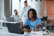 © standret - Guy is working by laptop. Doctors are in the clinic