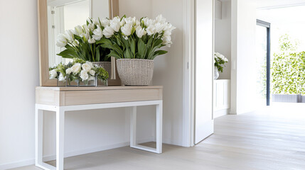 Wall Mural - stylish entryway featuring console table adorned with white tulips and roses in modern setting, creating fresh and inviting atmosphere