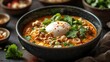 © ThuyTrang - A beautifully plated bowl of Thai Jok, elegantly garnished with fresh cilantro, a soft poached egg, and crispy shallots, served on a dark moody background with soft-focus bokeh lights,