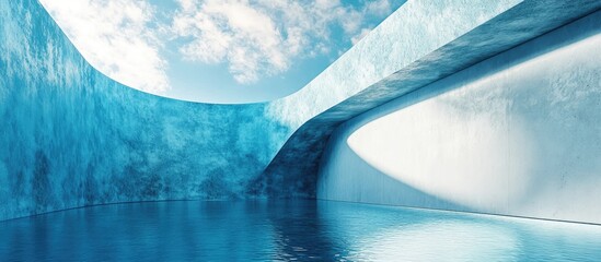 Wall Mural - serene abstract landscape featuring a blue icy structure curving over a calm water surface reflectin