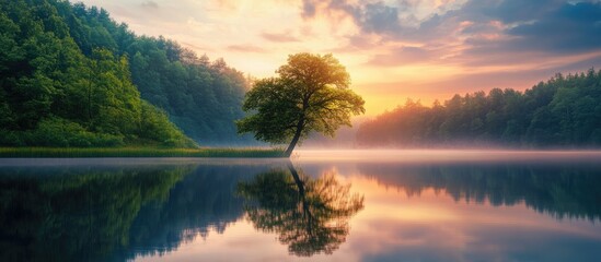 Wall Mural - lone tree reflected in calm lake waters at sunset, vibrant orange and pink skies above lush green fo