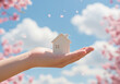 © keisuke - シンプルな住宅模型を持つ手、桜と青空の背景、春の引っ越しや新生活のイメージ