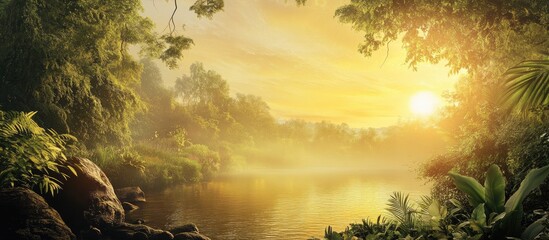 Aufkleber - Serene river landscape at sunrise with golden light filtering through lush green foliage and gentle mist rising over still water.